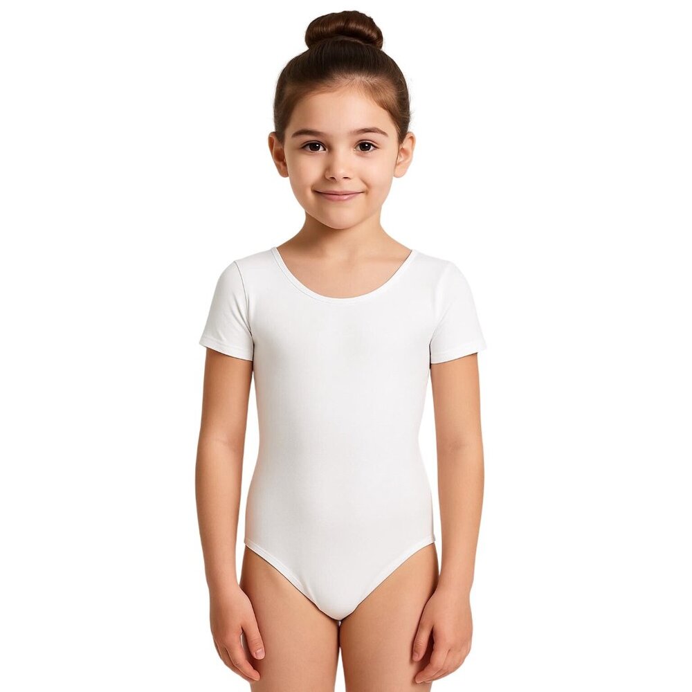 Danskin Childs I 6X-7 Leotard White Short Sleeve Scoop Neck Dance